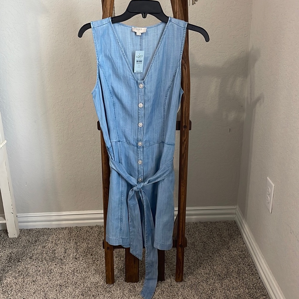 LOFT Light Blue Denim Jumpsuit Romper with Tie Waist